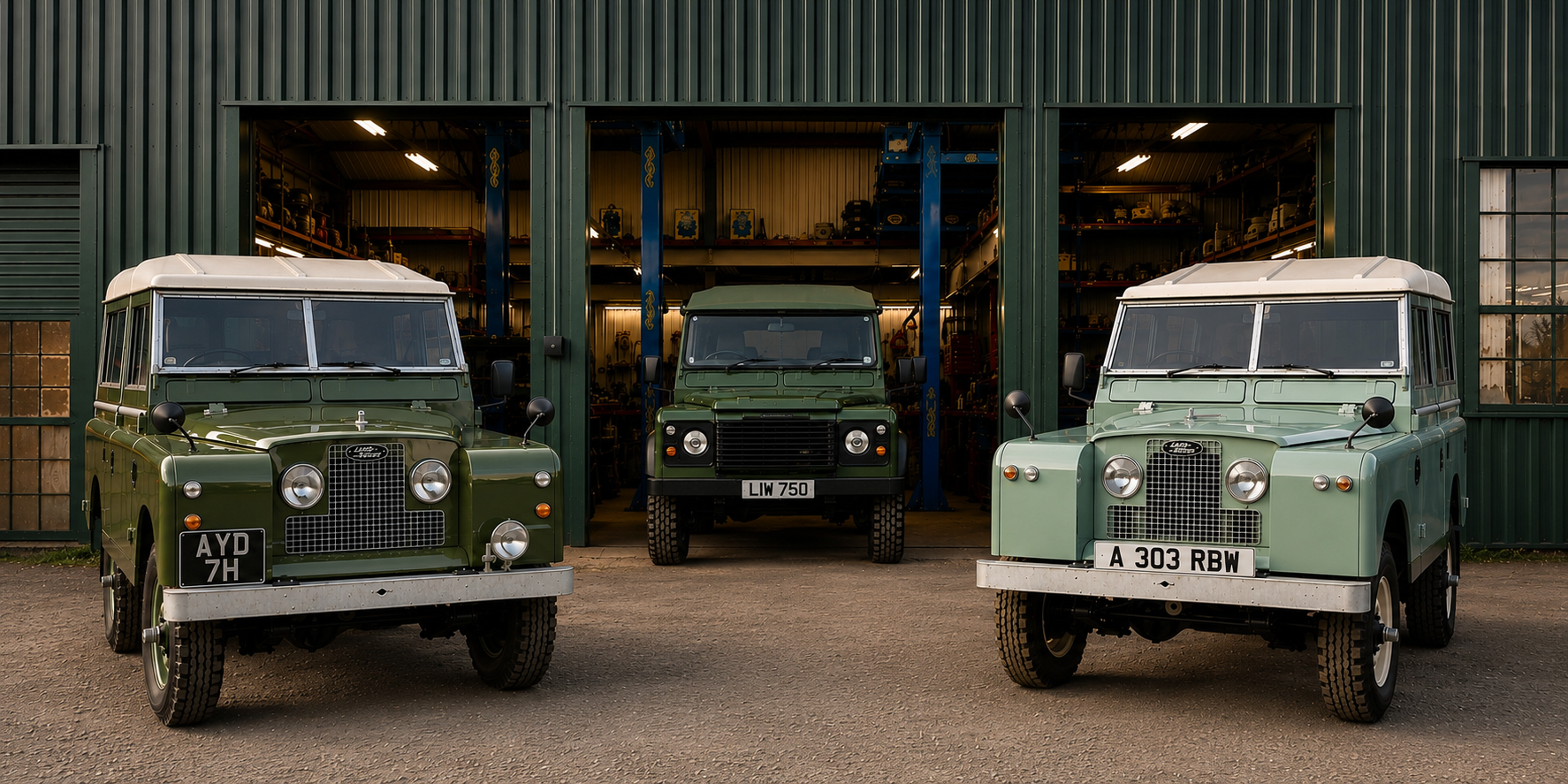 Three classic Series Land Rovers outside the Suffolk workshop